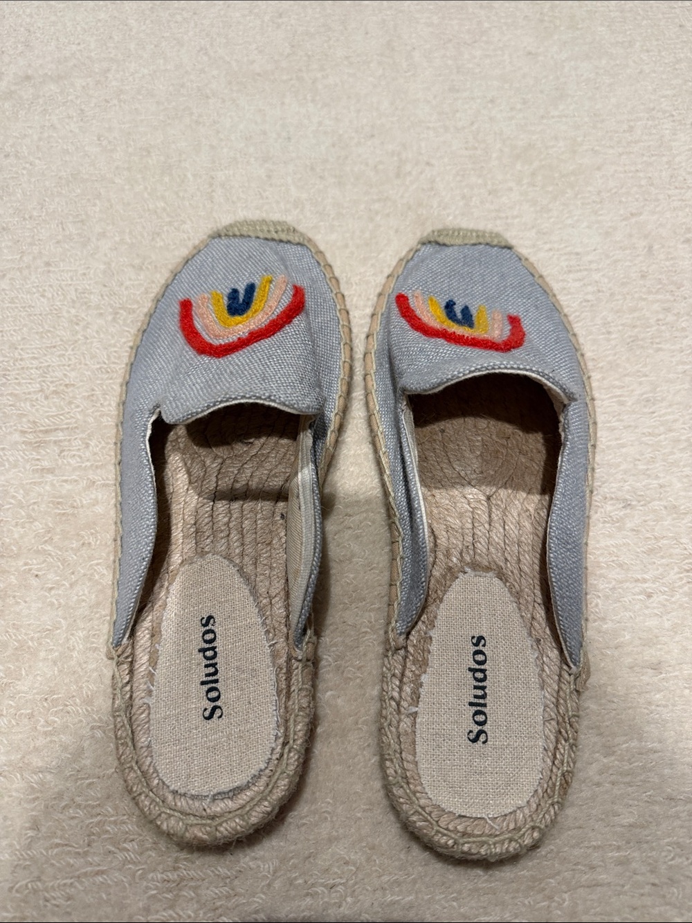 Soludos Light Blue Canvas Slip-On Espadrilles with Rainbow Stitching